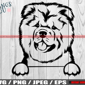 May include: Black and white silhouette of a Chow Chow dog peeking over a sign. The dog has a happy expression with its tongue sticking out.