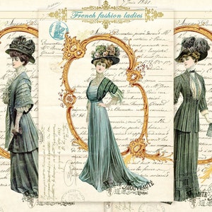 Junk Journal Digital Collage Sheet, Antique French Fashion, Printable Collage Paper Vintage French Ephemera, Vintage Ladies Ephemera Digital