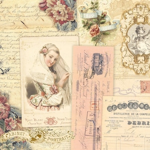 Junk Journal Digital Collage Sheet, Vintage French Ephemera, Journal Paper, Antique Ephemera, Printable Junk Journal Kit, Digital Lace Paper