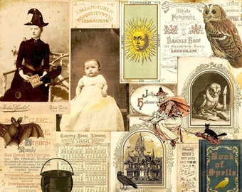 May include: A vintage collage featuring a witch, a baby, an owl, a haunted house, a cauldron, and a book of spells. The collage is made up of various images and text, including a counting house almanac, a photograph of a woman in a witch's hat, and a book with the title "Book of Spells".