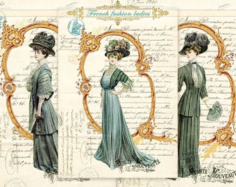 Junk Journal Digital Collage Sheet, Antique French Fashion, Printable Collage Paper Vintage French Ephemera, Vintage Ladies Ephemera Digital