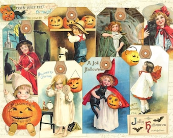 Vintage Halloween Postcards, Printable Halloween Journal Tags, Junk Journal Digital Collage Sheet, Vintage Halloween Ephemera, Journal Paper