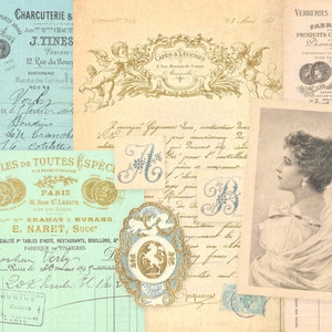 Antique Papers, Blue & Green Documents, Junk Journal Digital Collage Sheet, Vintage French Ephemera, Journal Paper, Antique Ephemera Digital