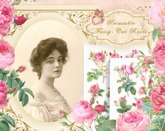 Rosas cortadas quisquillosas imprimibles, efímera de diario basura, flores vintage, efímera de scrapbooking, hoja de collage digital botánico, descarga instantánea
