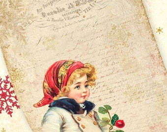 May include: A printable Christmas page featuring a vintage illustration of a girl in a red hat holding a sprig of holly berries. The page is decorated with gold snowflakes and red snowflakes on a cream background. The text "Christmas Page" is written in black at the top of the page. The text "Digital file" is written in black below the title. The text "Print Yourself" is written in black below the digital file text.