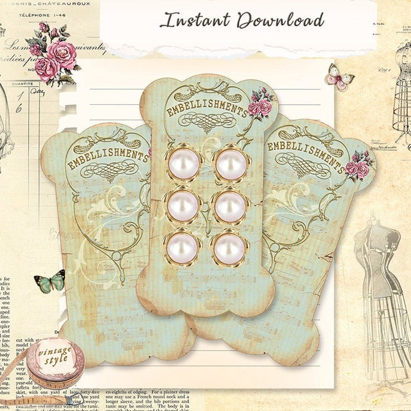 Ribbon Lace Holder Instant Download, Shabby Chic Lace Keepers, Vintage Sewing Ephemera, Vintage French Collage Sheet Digital, Ribbon Holder