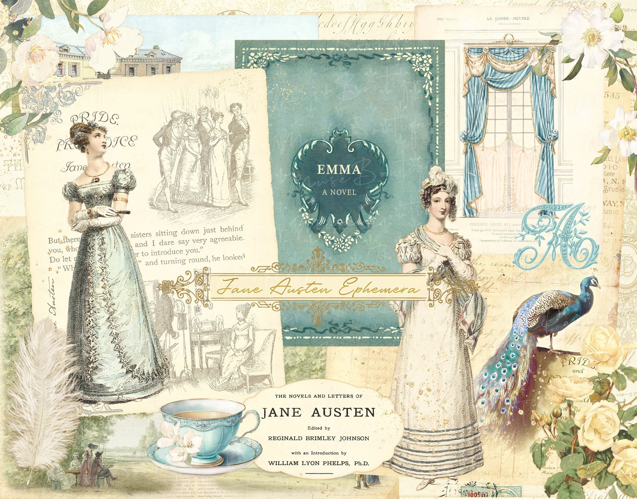 Jane Austen Junk Journal Kit, Pride and Prejudice Journal Pages, Jane Austen Ephemera, Junk Journal Digital Collage Sheet, Regency Ephemera