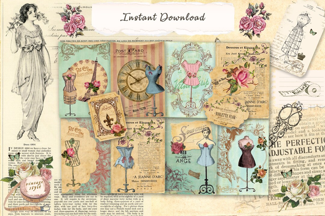 Vintage Sewing Ephemera, Digital Collage Sheet, Scrapbooking Ephemera ...