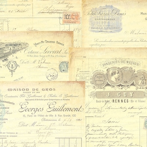 Materiale effimero francese d&#39;epoca, ricevuta francese d&#39;epoca stampabile, vecchie fatture, foglio collage digitale di Junk Journal, materiale effimero antico, carta d&#39;epoca