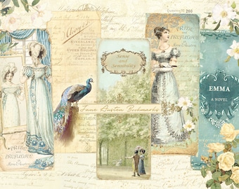 Jane Austen Bookmarks, Pride and Prejudice Ephemera, Junk Journal Embellishments, Jane Austen Ephemera, Digital Collage Sheet, Regency Era