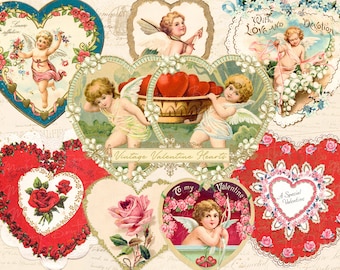 Vintage Valentine Ephemera, Printable Valentine Hearts, Victorian Valentines, Valentine Journal Ephemera, Valentine Digital Collage Sheet