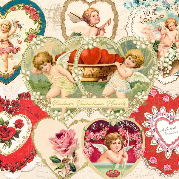 Vintage Valentine Ephemera, Printable Valentine Hearts, Victorian Valentines, Valentine Journal Ephemera, Valentine Digital Collage Sheet