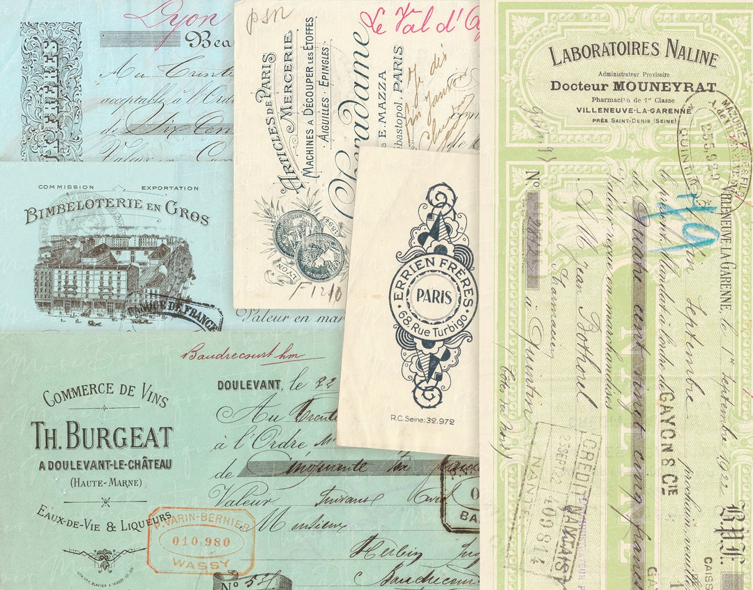 French Cheques, Antique French Documents, Junk Journal Digital Collage ...