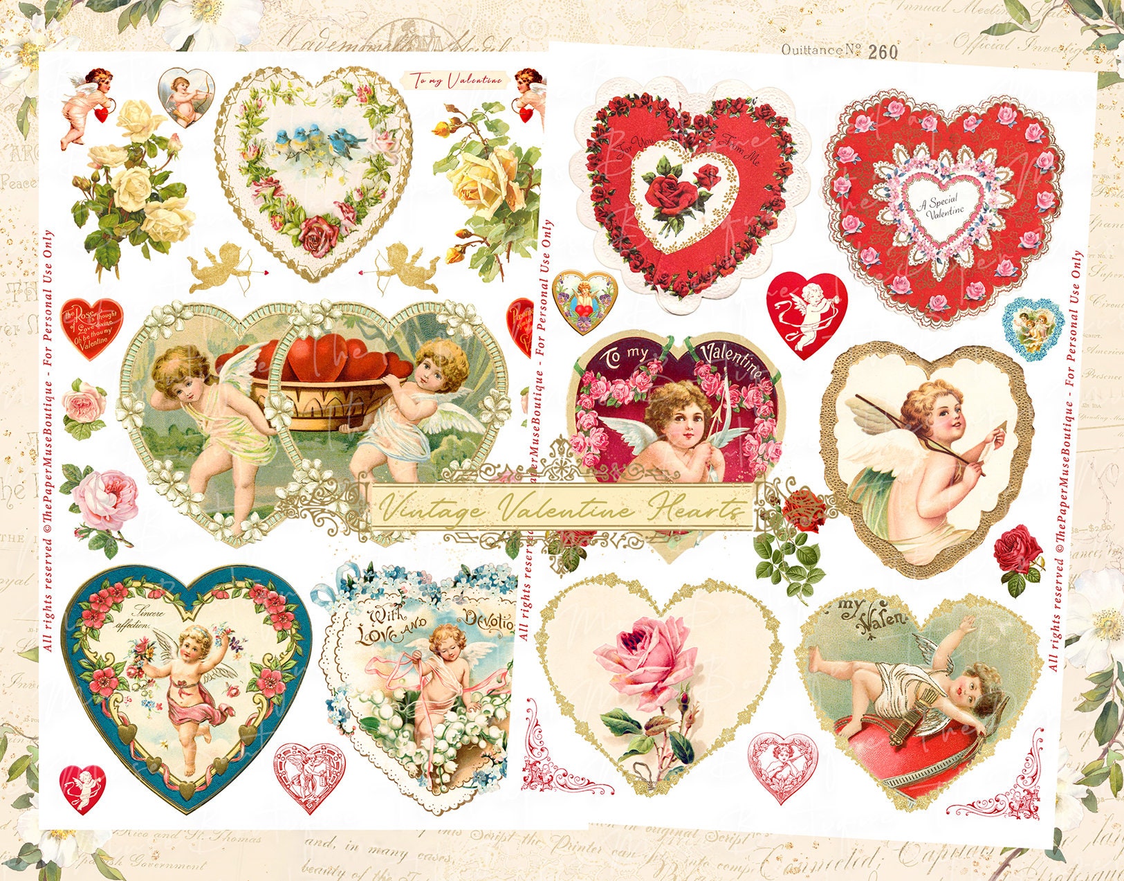 Vintage Valentine Ephemera Printable Valentine Hearts Etsy