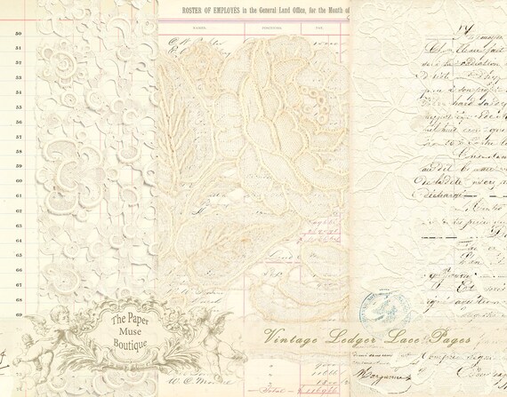 Vintage Ledger Pages, Printable Ledger Paper, Junk Journal Digital Collage Sheet, Vintage French Ephemera, Digital Lace Paper, Journal Paper