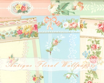 Digital Papers, Antique Floral Wallpaper Journaling Papers, Junk Journal Digital Collage Sheet, Vintage French Ephemera, Decorative Paper