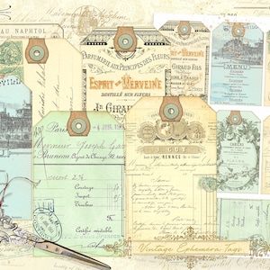 Vintage Ephemera Tags, Printable Journal Tags, Junk Journal Digital Collage Sheet, Vintage French Ephemera, Journal Paper, Antique Ephemera