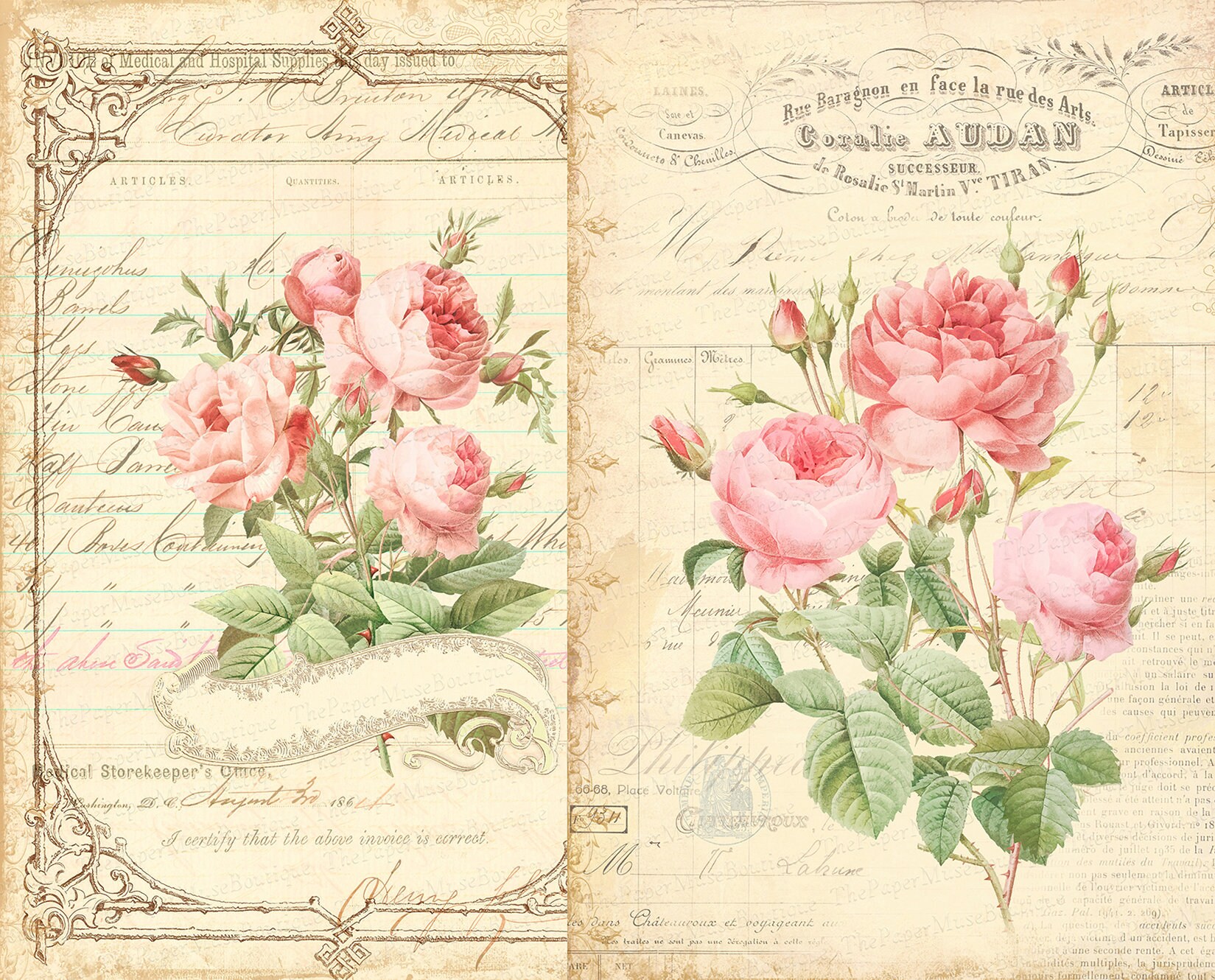 Digital Journal Pages, Digital Scrapbooking Paper, Vintage Rose Paper,  Vintage Floral Damask Paper, Vintage Scrapbook Supplies. No. P.33 