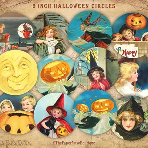 Vintage Halloween Postcards, Halloween 3 Inch Circles, Printable Halloween Digital Collage Sheet, Halloween Witch Ephemera, Gothic Halloween