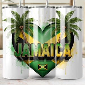 Jamaica 20oz Tumbler Wrap PNG, Jamaican Flag, Palm Trees, Sublimation Design Heart Shape, Instant Download, Tropical Island Tumbler Wrap