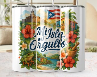 Puerto Rico Tumbler Wrap PNG, Mi Isla Mi Orgullo, 20oz Skinny Tumbler Design, Coqui Frog, Puerto Rican Pride, Sublimation Wrap png, PR PNG