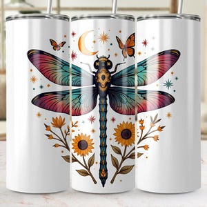 Dragonfly Sunflower Tumbler Wrap, Boho Moon & Butterfly Skinny Tumbler Wrap, 20oz Tumbler Digital Download PNG Sublimation Design