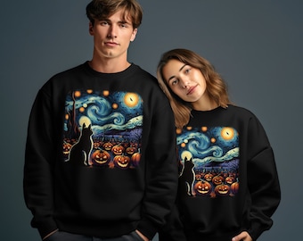 Halloween Black Cat T-Shirt, Van Gogh Starry Night Black Cat Spooky Pumpkin Patch Art Cats Pumpkins Tee bats tee, Halloween Long Sleeve Tee
