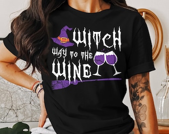 Witch Way to the Wine T-Shirt, Halloween T-Shirt for Women, Funny Halloween Wine Shirt, Spooky Witch Design, Perfect Halloween Party Outfit