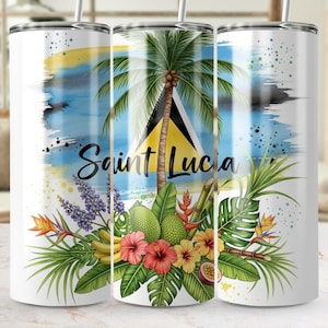 May include: White stainless steel tumbler featuring the Saint Lucia flag, a palm tree, and tropical flowers. The words "Saint Lucia" are written in a script font. The design includes a watercolor effect with blue, yellow, and green hues.