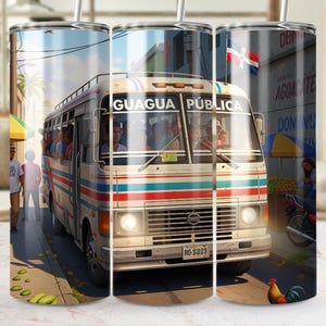 20oz Tumbler Wrap PNG, Dominican Republic La Guagua Publica Public City Bus Digital Download, Sublimation Design, Dominican Flag Skinny Wrap