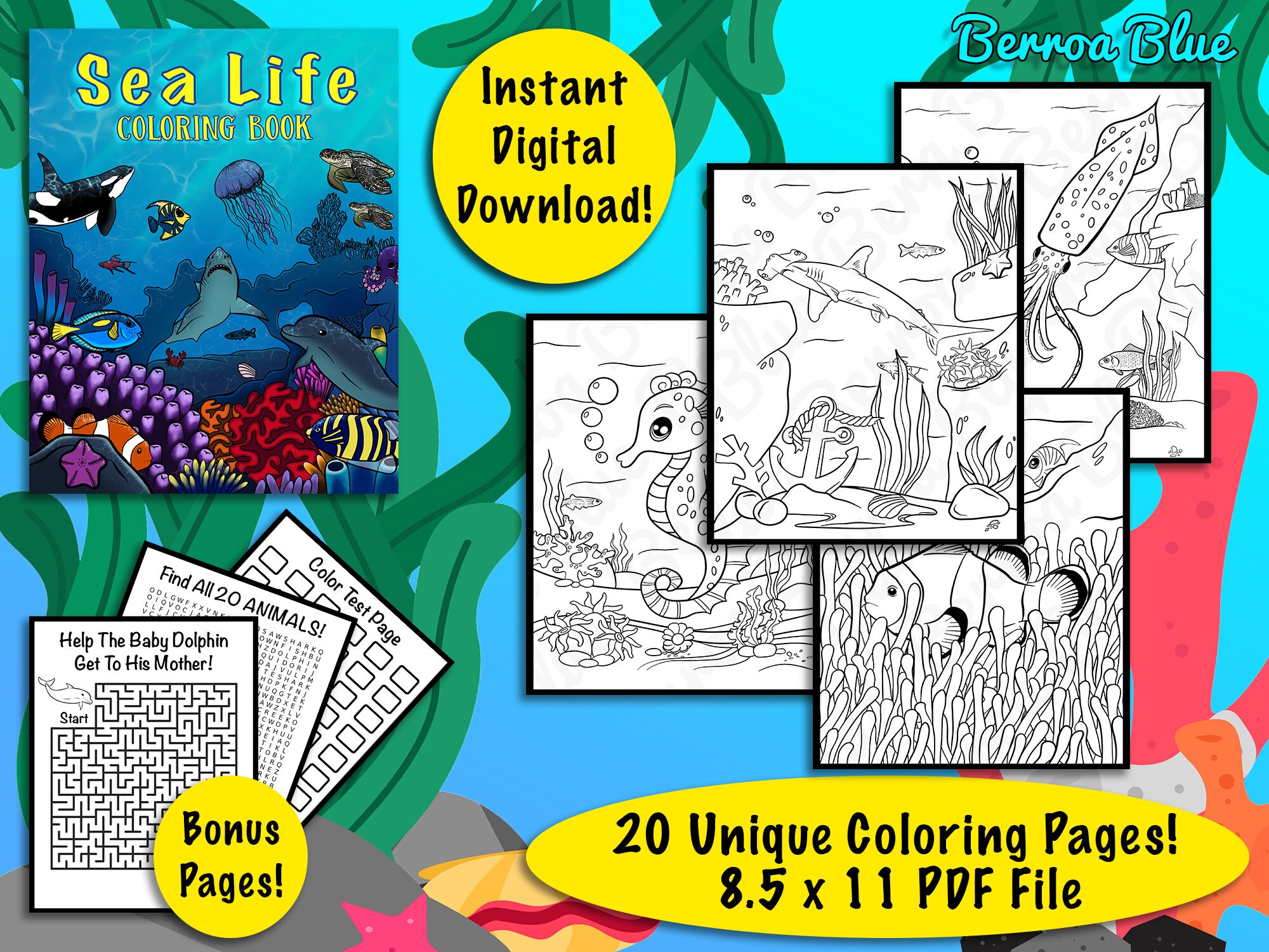 Sea Life Coloring Pages 20 Kids Printable Sea Animals to Color - Etsy  Australia