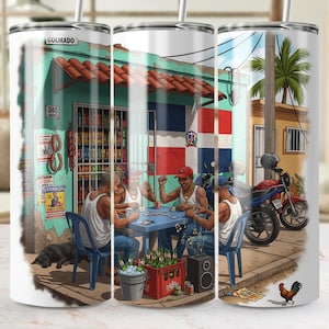 May include: A tumbler featuring a vibrant illustration of a Dominican Republic street scene. The artwork depicts a colmado, people playing dominoes, a Dominican flag, and motorcycles. The design includes the text "COLMADO" and the number "340".