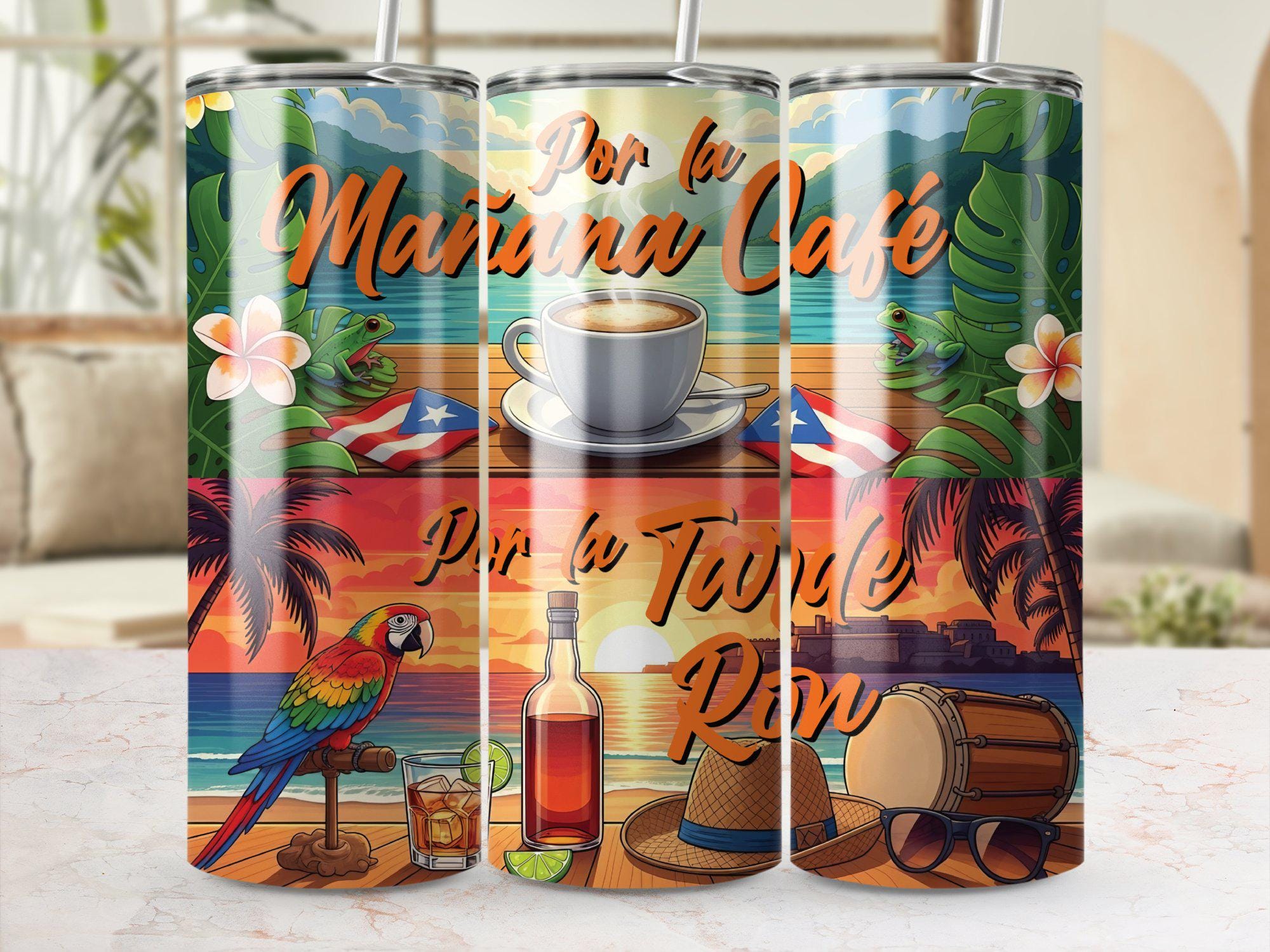 Puerto Rico 20oz Tumbler Wrap, Coffee & Rum, Por La Mañana Cafe Por La Tarde Ron 20 oz Skinny Tumbler Design Digital PNG File Tropical Beach