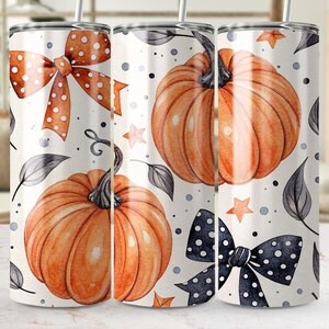 Fall Pumpkins Digital, 20oz Tumbler Wrap, Watercolor Pumpkin Bows Seamless Design, Autumn Tumbler Template, Cute Thanksgiving Gift for Her