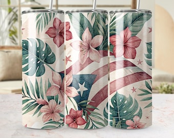 Puerto Rico Flag PNG Tumbler Wrap, Tropical Flowers Seamless Pattern, Puerto Rican Skinny Tumbler Design, Sublimation 20oz Tumbler Wrap PNG