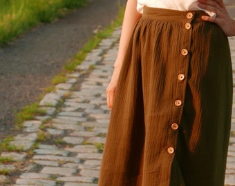 Spódniczka muślinowa z guzikami, Spódnica z muślinu « ELIZA », jupe en mousseline avec boutons, Musselinrock mit Knöpfen, jupe en mousseline pour adulte