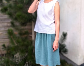 Jupe en mousseline de coton bio, taille élastique, vert patiné