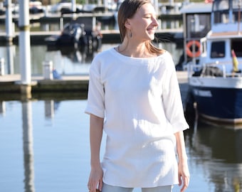 Tunique ample en double gaze de coton biologique, chemisier confortable à col bateau