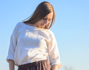 Chemisier ample en double gaze de coton biologique, chemise confortable à col bateau