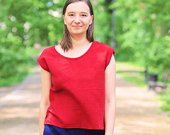 Chemisier en mousseline, chemise en coton double gaze, haut pivoine à mancherons