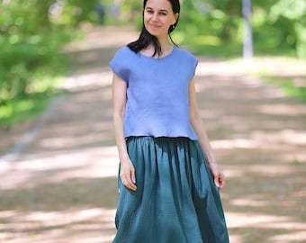 Damska spódniczka muślinowa « Silene », Muślinowa spódnica midi z kieszeniami, Jupe double gaze avec poches, Jupe midi en mousseline