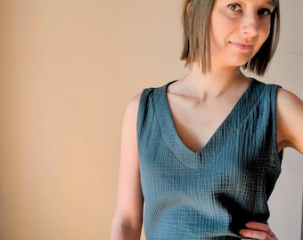 TOP en mousseline à col en V Rosita, haut en double gaze à col en V, chemisier sans manches double effet transparent, débardeur à larges bretelles, haut en mousseline de soie