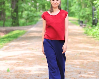 Pantalon double gaze « Iris » avec poches, Pantalon femme en mousseline, pantalon double gaze adulte avec jambes larges, pantalon large en mousseline pour femme