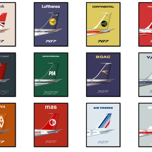 Retro Vintage BOEING 707 Aircraft Tail Posters With Airline Livery Designs - Aerospace, Aviation Gift, Pan Am, BOAC, Varig, British Airways