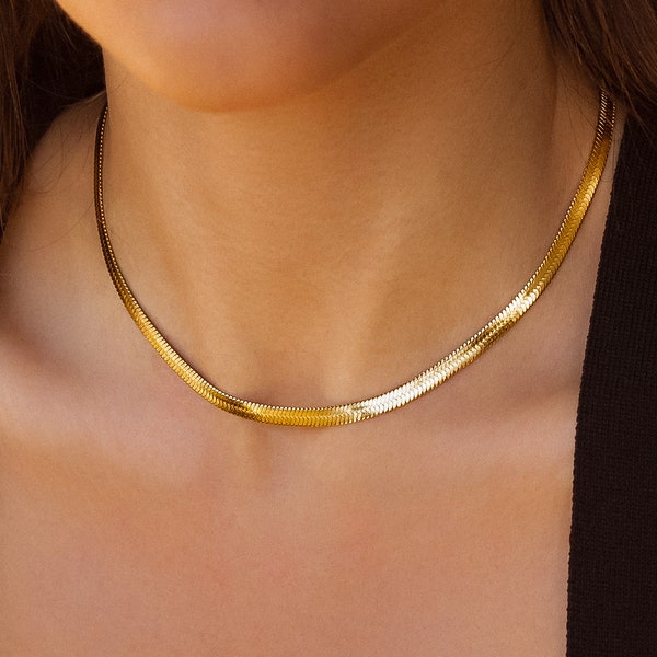 Herringbone Necklace, Herringbone Chain, Gold Herringbone Necklace, Gold Layering Necklace, Flat Snake Chain, Gold Snake Chain, Flat Chain