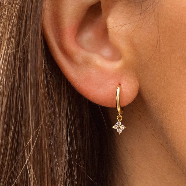14K Yellow Gold Over Orange Cz Flower Baby Huggie Hoop Earrings 14K Yellow Gold Over Orange Cz Flower Baby Huggie Hoop Earrings