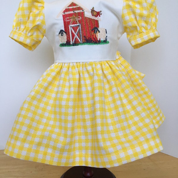 18 inch Embroidered Bodice Doll Dress!  Yellow Gingham with a cute Barn Embroidered on the bodice!  Fits most 18 inch dolls!