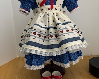 18 inch Dress, Pinafore and Shoes!  Pinafore is a Daisy Kingdom print! Fits most 18 inch dolls!