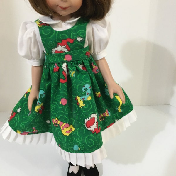 14 inch doll dress with mock pinafore!  Grinchy!  Fits Betsy McCall, Wellie Wisher and Maru dolls