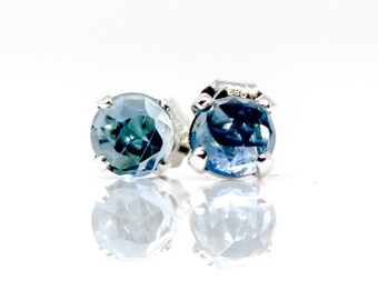 London Blue Topaz Sterling Silver Stud Earrings - Round Blue Topaz Birthstone Earrings - December Birthstone Earrings - Silver Blue Earrings